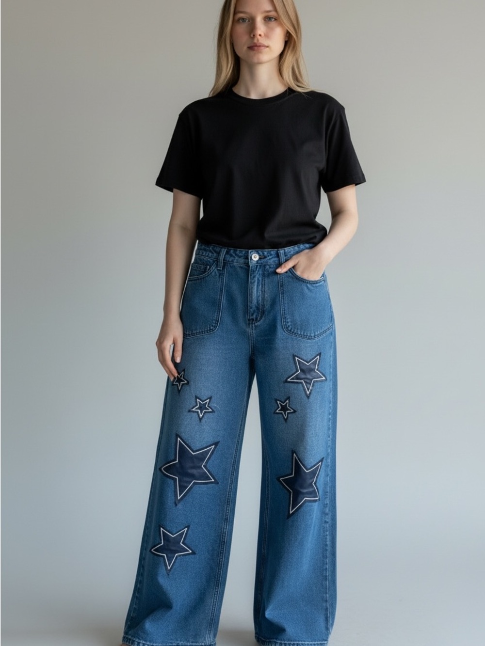 Y2K Wide Leg Blue Star Patch Jeans - Women Art to Wear‎